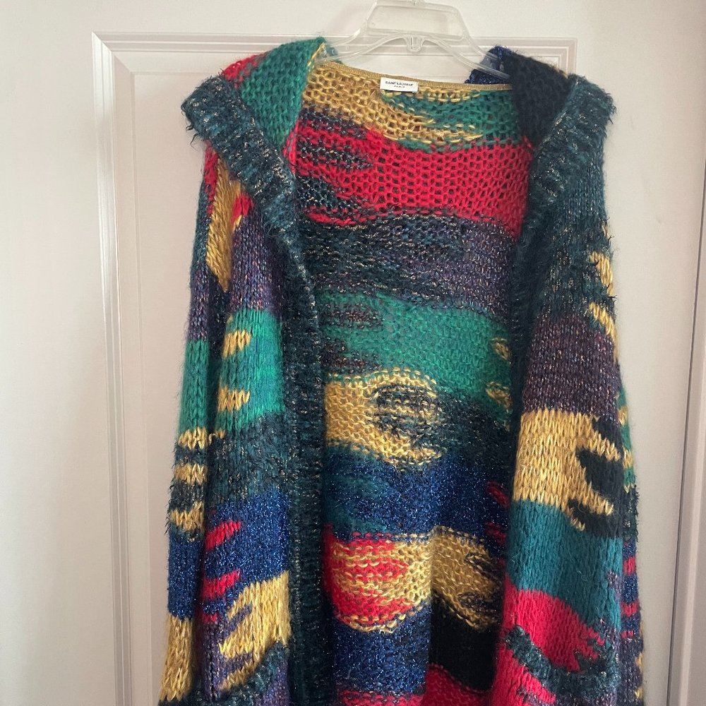 Multicoloured wool-blend colour-block hooded cardigan